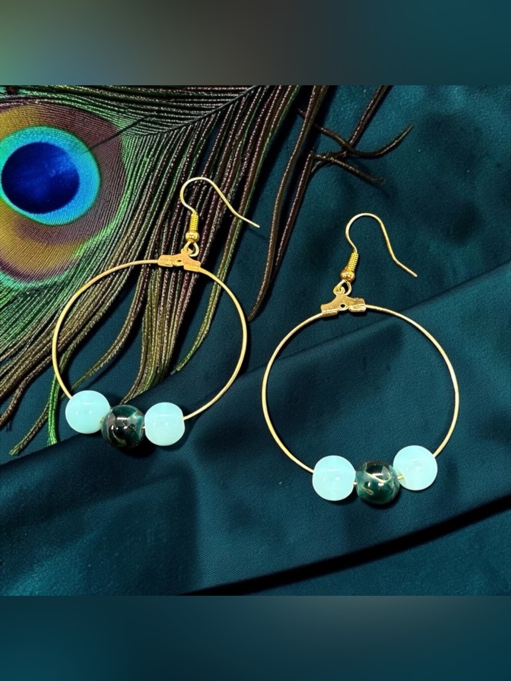 💛Gold-Tone Aquatic Stone Hoop Drop Earrings/NWOT💛